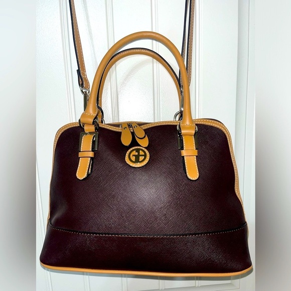 GIANI BERNINI Safiano Dome Satchel, Dark Brown and Tan, includes adjst. Strap - Picture 5 of 16